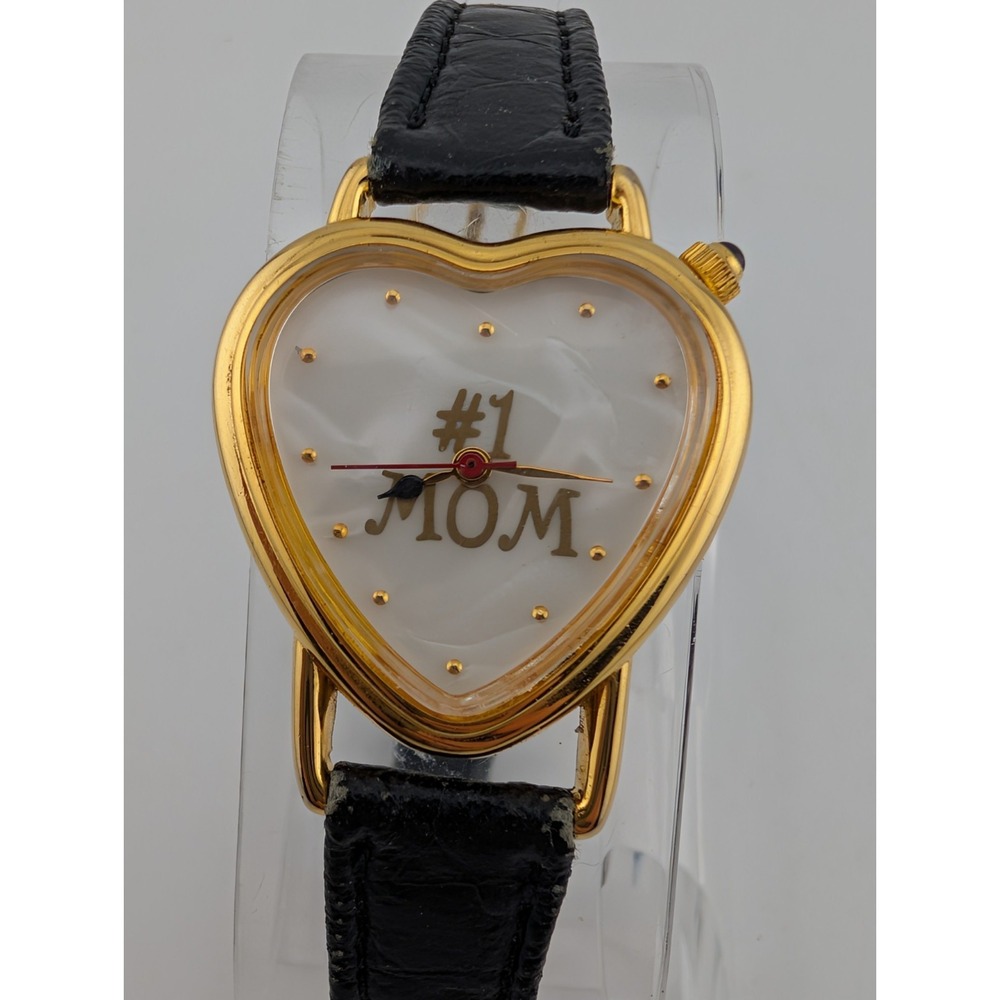 Vintage #1 Mom Heart Watch 28mm Gold Case MOP Dial Leather Band-‎ New Battery